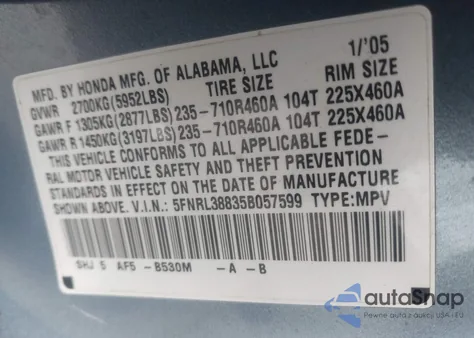 2005 Honda Odyssey Touring z USA, uszkodzony, nr VIN 5FNRL38835B057599